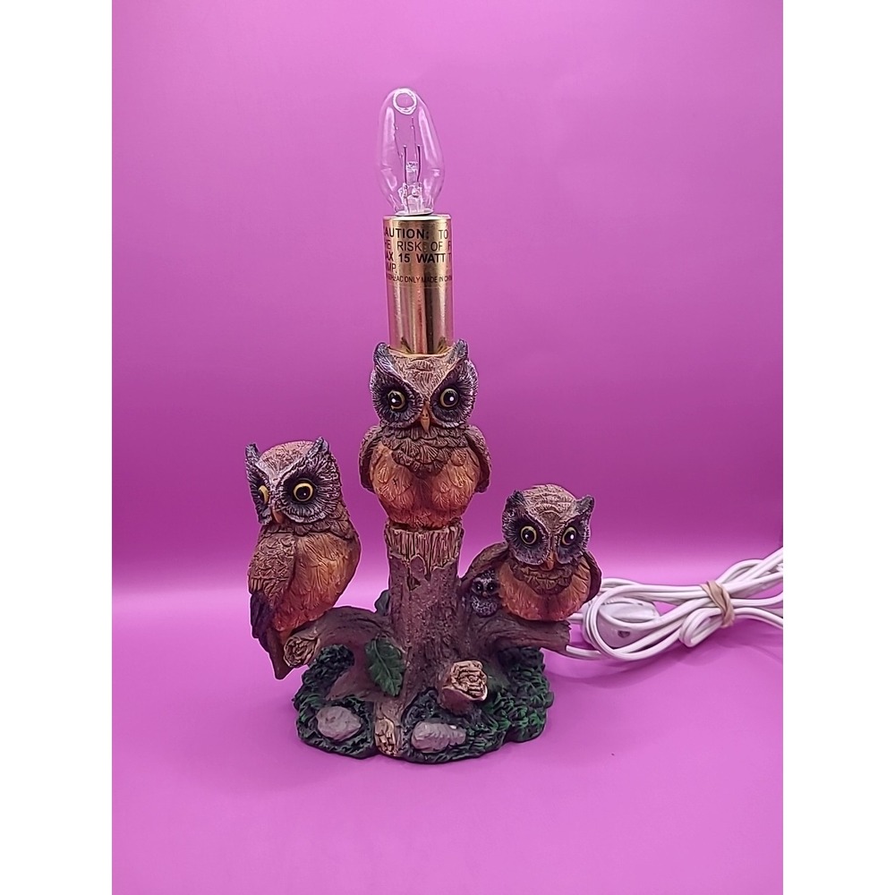 Vintage Mid Century 1970's 3 Owls on‎ Tree Branch Table Lamp Works